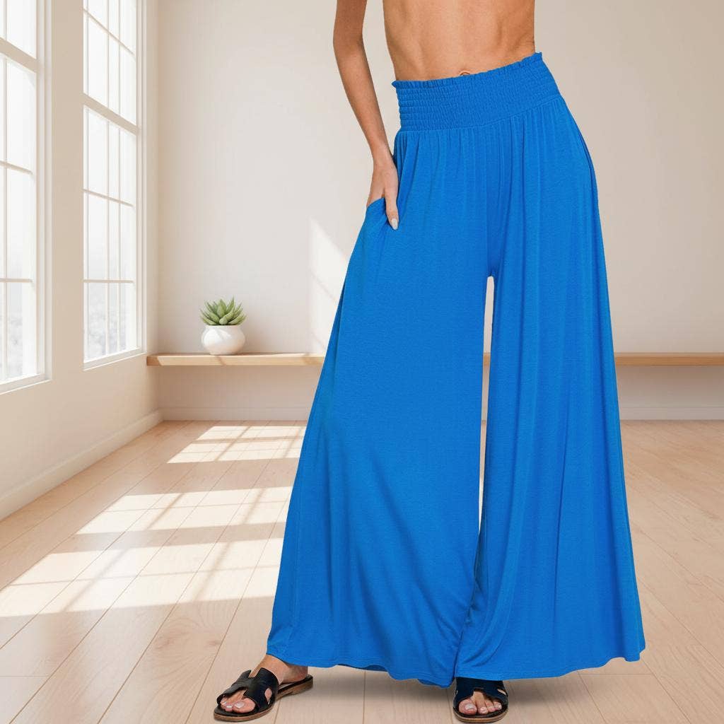 1216 Smocked Waist Wide Leg Palazzo Pants w Pockets SI-29199