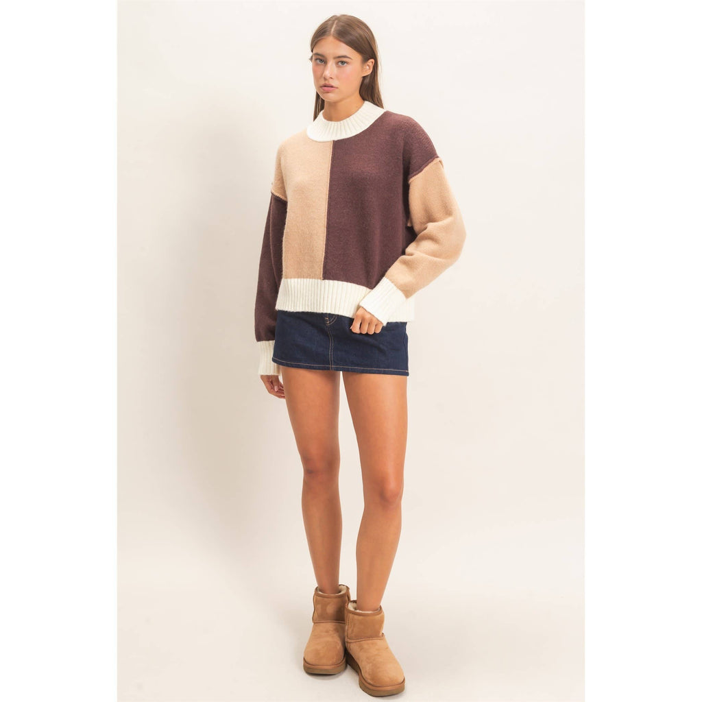 Color Block Mock Neck Sweater