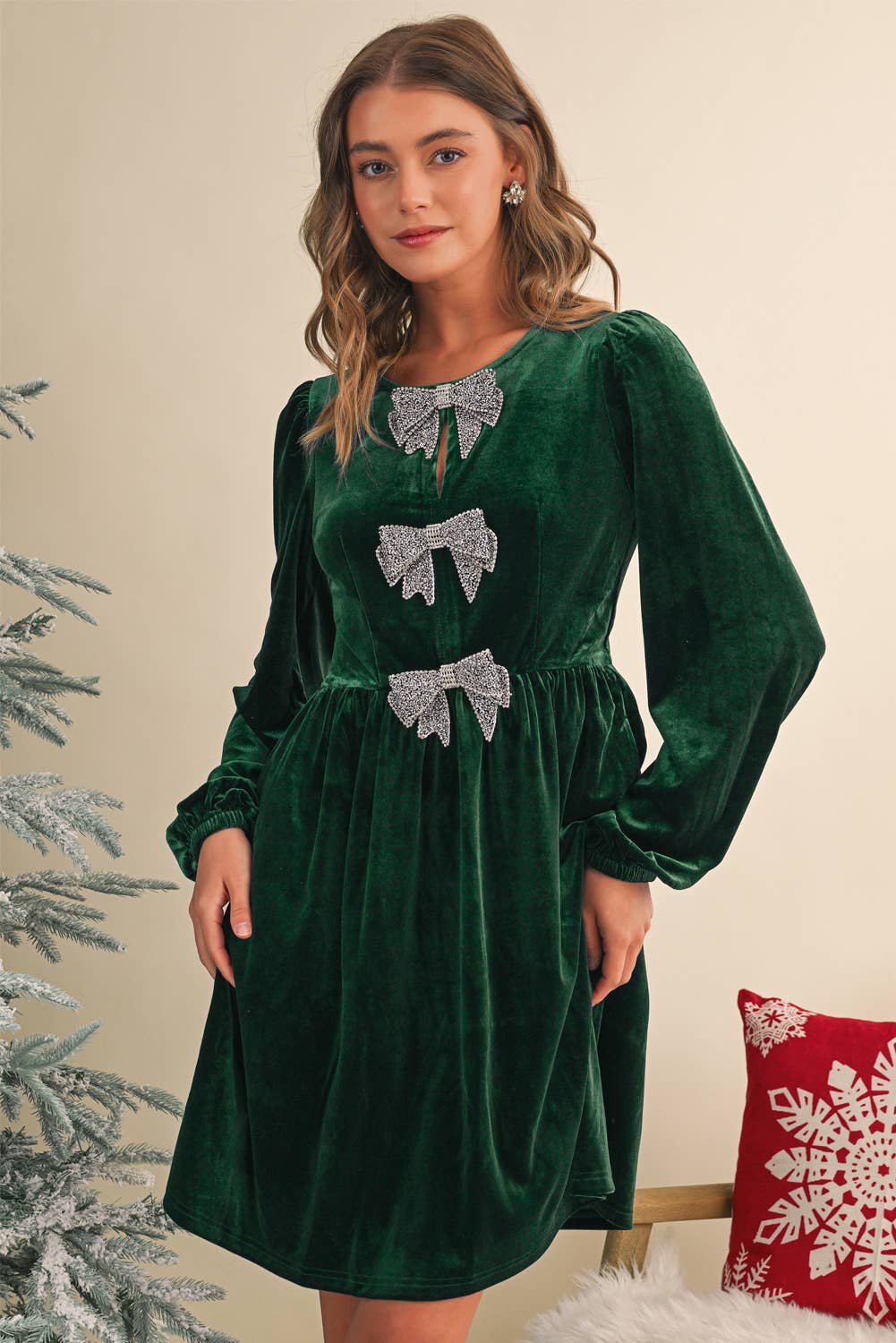 Christmas Velvet Rhinestone Bow Dress