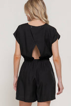 Short Sleeve Back Button Closure Detail Woven Romper