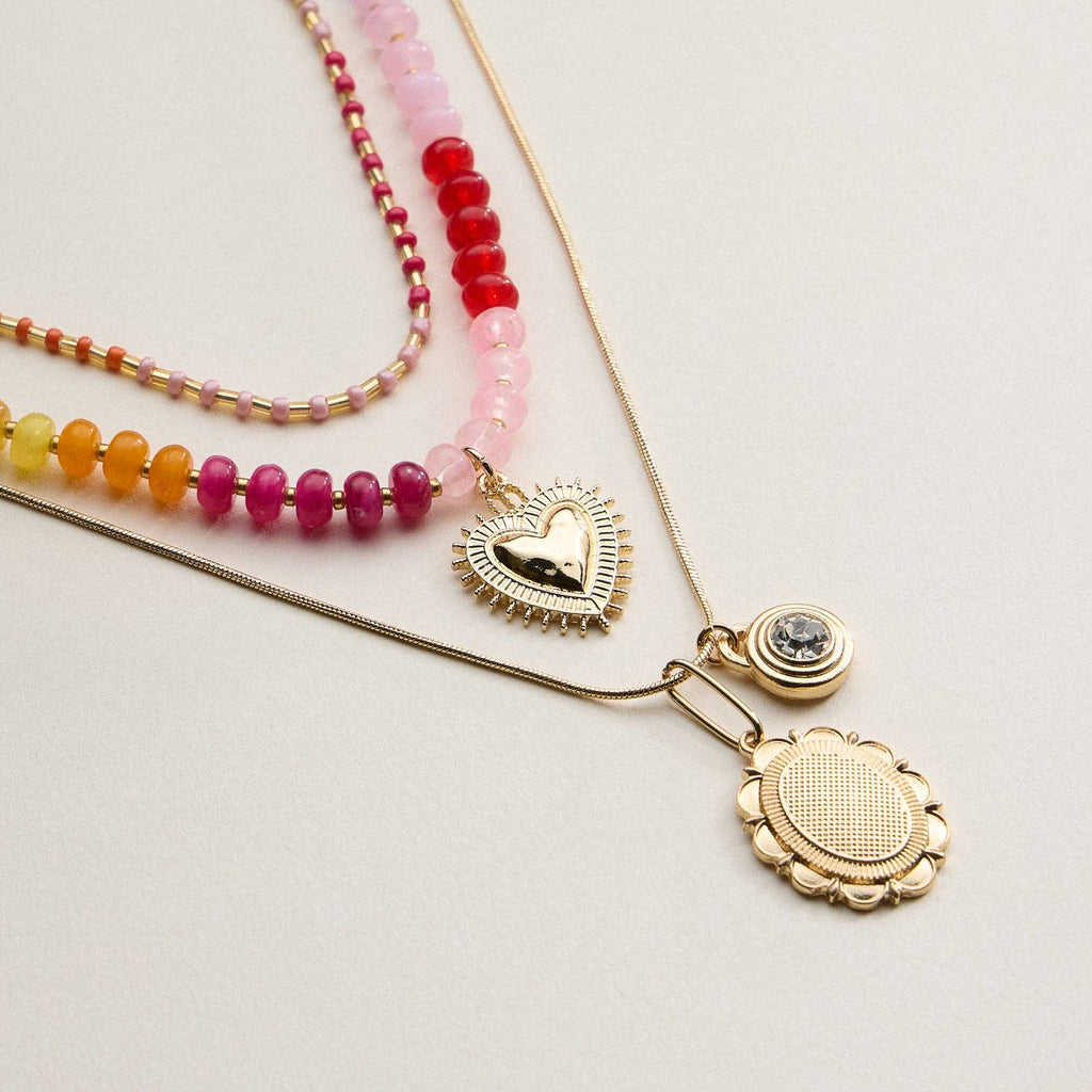 Layered Beaded and Pendant Necklace Set with Gold Accents | Heart and Charm Detail