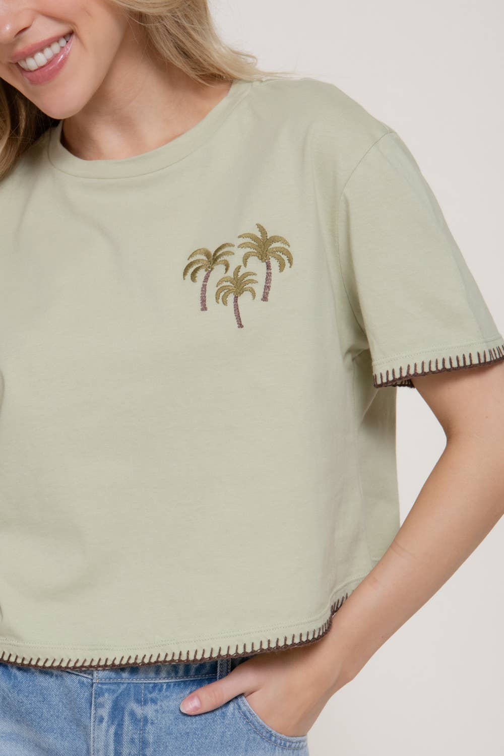 Short Sleeve Round Neck Embroidery Detail Cotton Jersey Top