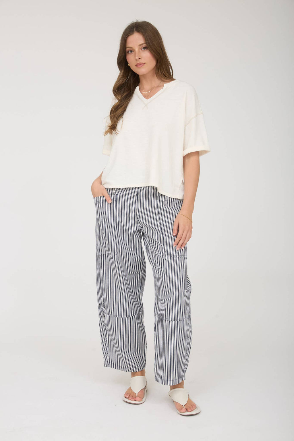 CONTRAST STITCH DROP SHOULDER CUFF SLEEVE KNIT TOP