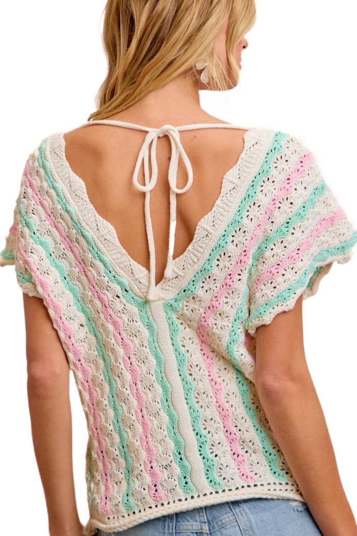 Crochet Knit Top With Scallop Stripe Relaxed Fit