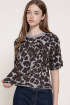 Short Sleeve Leopard Jacquard Sweater Top