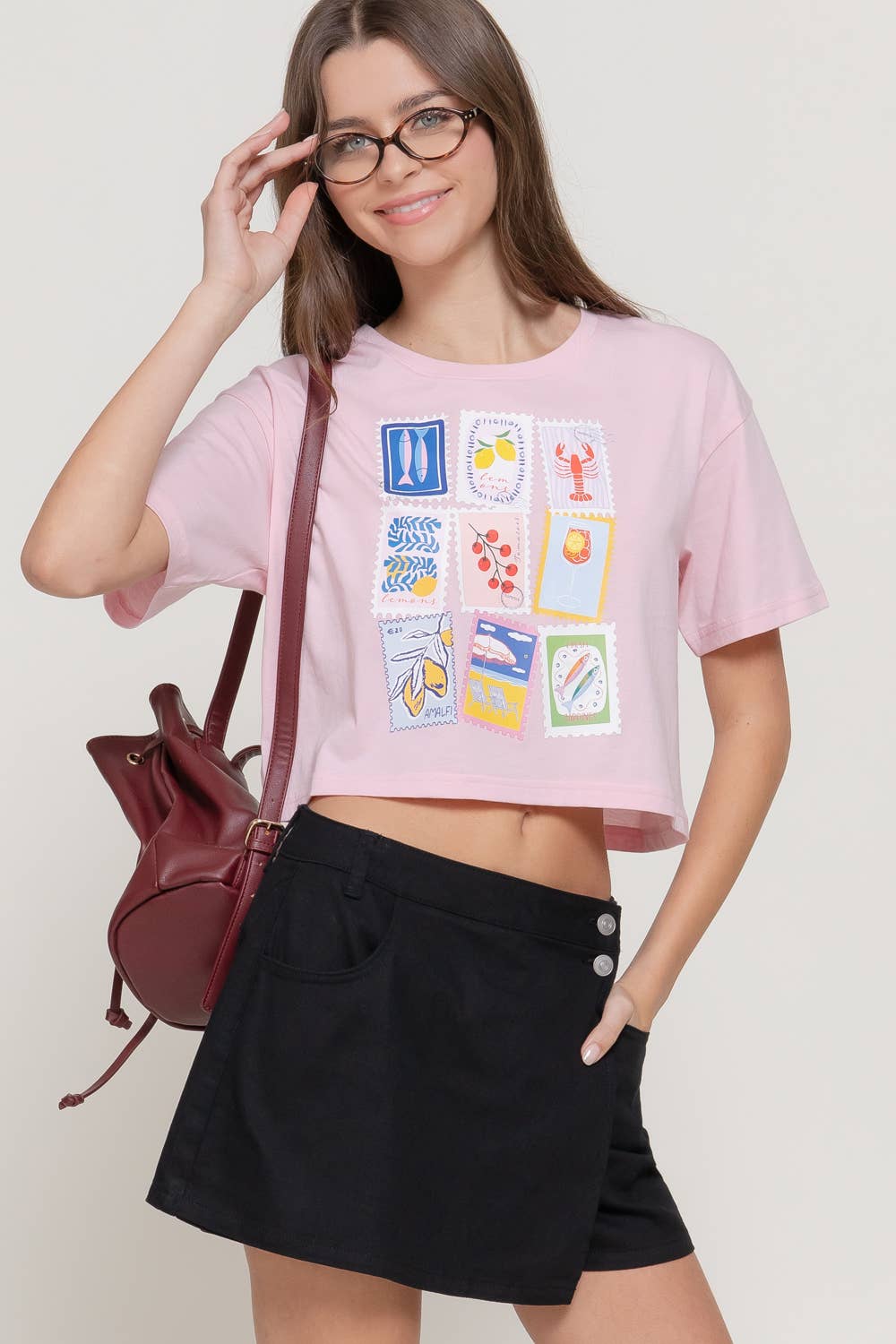Short Sleeve Round Neck Print Knit Crop Top