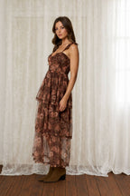 FLORAL CHIFFON RUFFLE TIERED CORSET MIDI DRESS