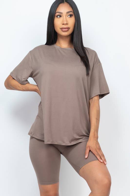 Loose Fit Top Oversize Shirts And Bike Shorts Set