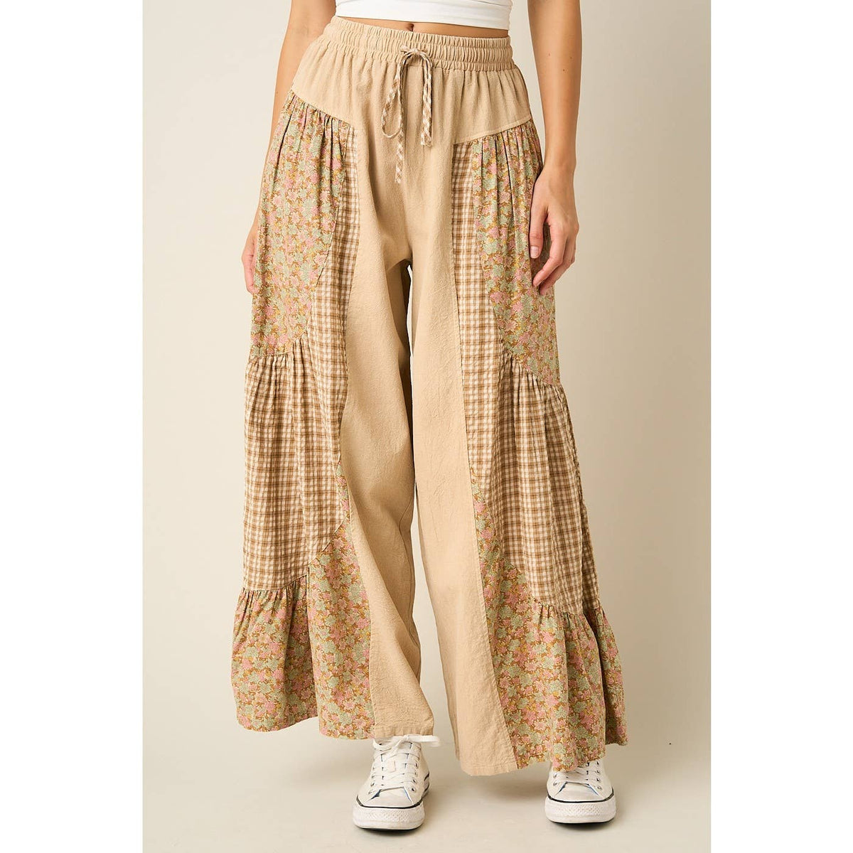 PATCHWORK MIXED PRINT WIDE LEG PANTS