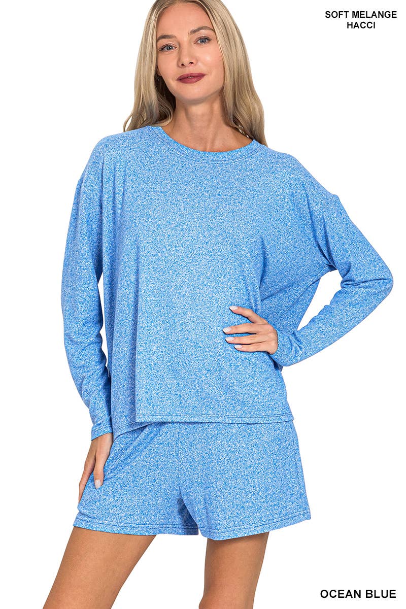 Soft Melange Long Sleeve Tee & Shorts Loungewear Set-Zenana