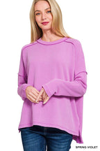 Raised Rib Raw Edge Boat Neck Long Sleeve Top