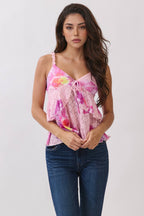 LC57254P - PRINT RUFFLE FRONT BOW TIE FRILL CAMI TOP