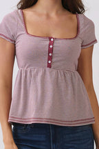 JT57348S - STRIPE SQUARE NK HENLEY BABYDOLL TEE