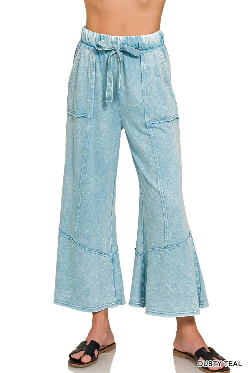`Acid Washed Flare Hem Pants With Pockets Zenana