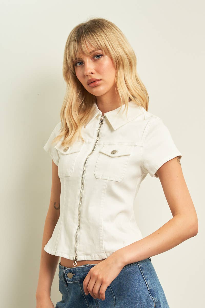 11221S-2WAY OPEN ZIPPER FITTED COLOR DENIM SHIRTS