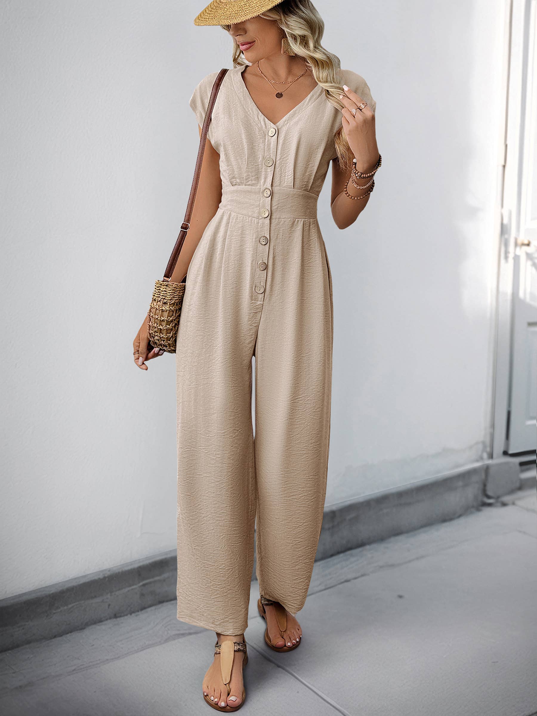 V-neck Solid Color Elastic High Waisted Jumpsuit