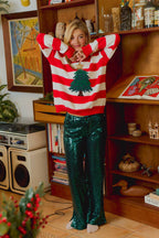 CHRISTMAS STRIPE AND TREE APPLIQUE KNIT TOP