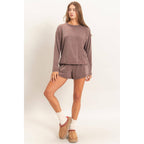 Mineral Wash Long Sleeve Raw Edge Top & Shorts Set