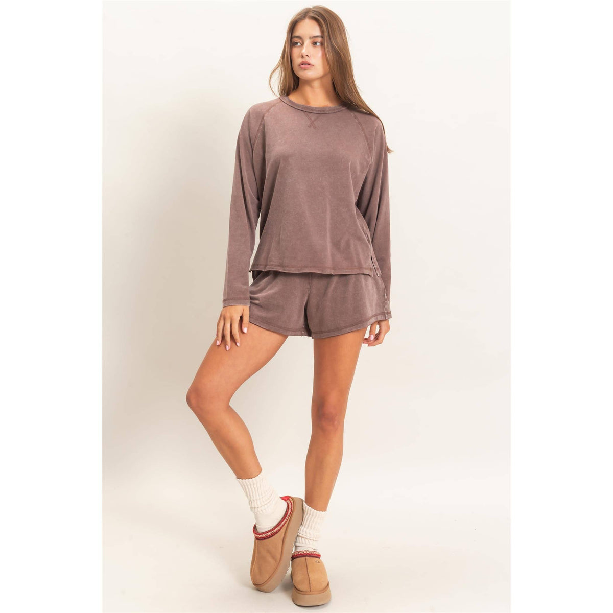 Mineral Wash Long Sleeve Raw Edge Top & Shorts Set