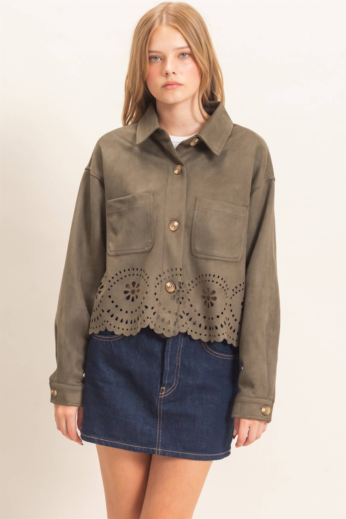 Suede Jacket With Laser Cut Hem