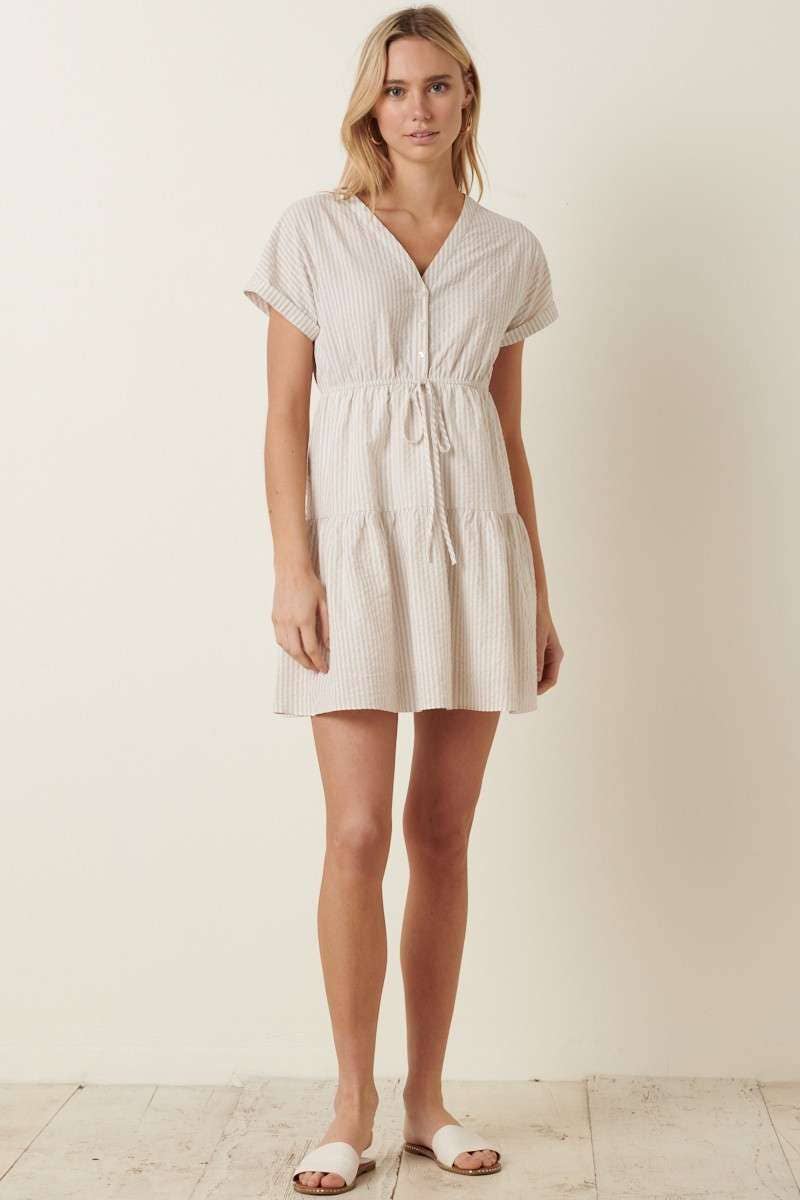 STRIPE BUTTON FRONT MINI SHIRT DRESS