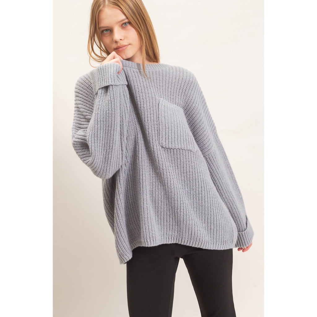 Ribbed Knit Patch Pocket Sweater