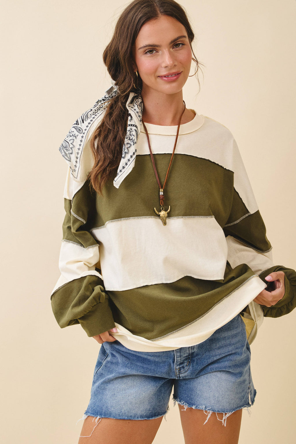 8551GN Contrast Panel Long Sleeve Slouchy Pullover 1