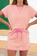 Striped Casual Short Sleeve Top and Skirt Set