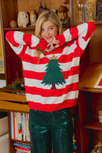 CHRISTMAS STRIPE AND TREE APPLIQUE KNIT TOP