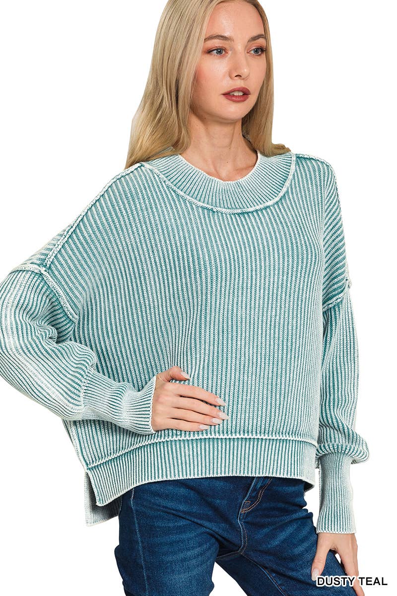 `Washed Side Slit Oversized Cropped Sweater SI-26510 Zenana