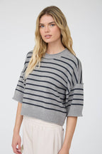 STRIPE RAW EDGE DROP SHOULDER SHORT SLEEVE SWEATER