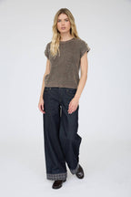 ACID WASHED TAB SLEEVE BACK BUTTON KNIT TOP