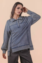 NT12365-Half Button Down Oversized Contrast Knit Top