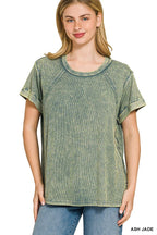 Washed Ribbed Cuffed Short Sleeve Round Neck Top