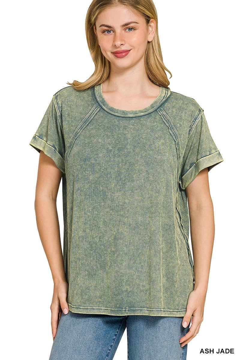 Washed Ribbed Cuffed Short Sleeve Round Neck Top