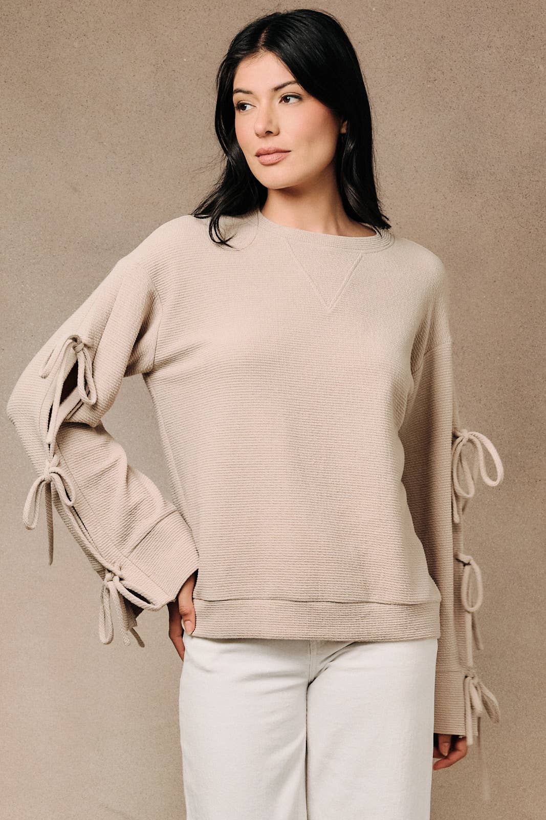 Ribbed Long Sleeve Side Tie Detail Knit Pullover