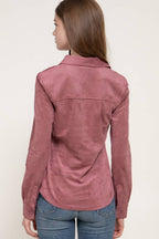 Long Sleeve Button Down Stretch Faux Suede Shirt