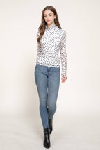 Long Sleeve High Neck Ruched Dot Print Mesh Top