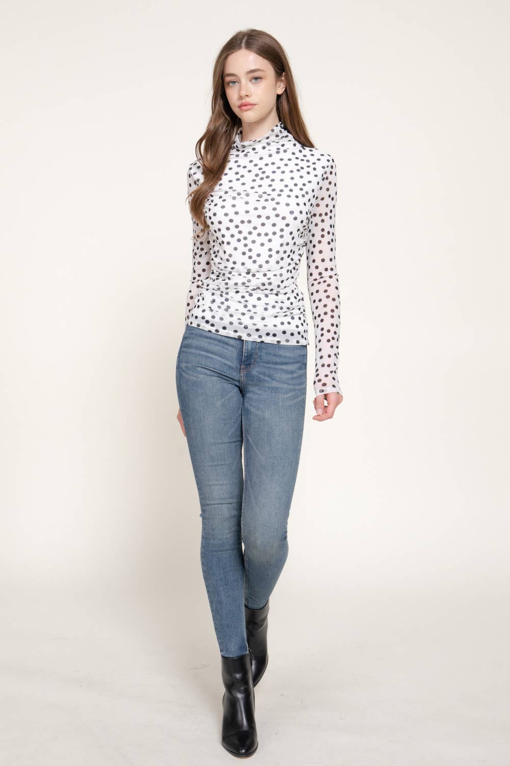 Long Sleeve High Neck Ruched Dot Print Mesh Top