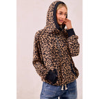 LEOPARD PRINT WAFFLE HALF ZIP UP HOODIE W POCKET