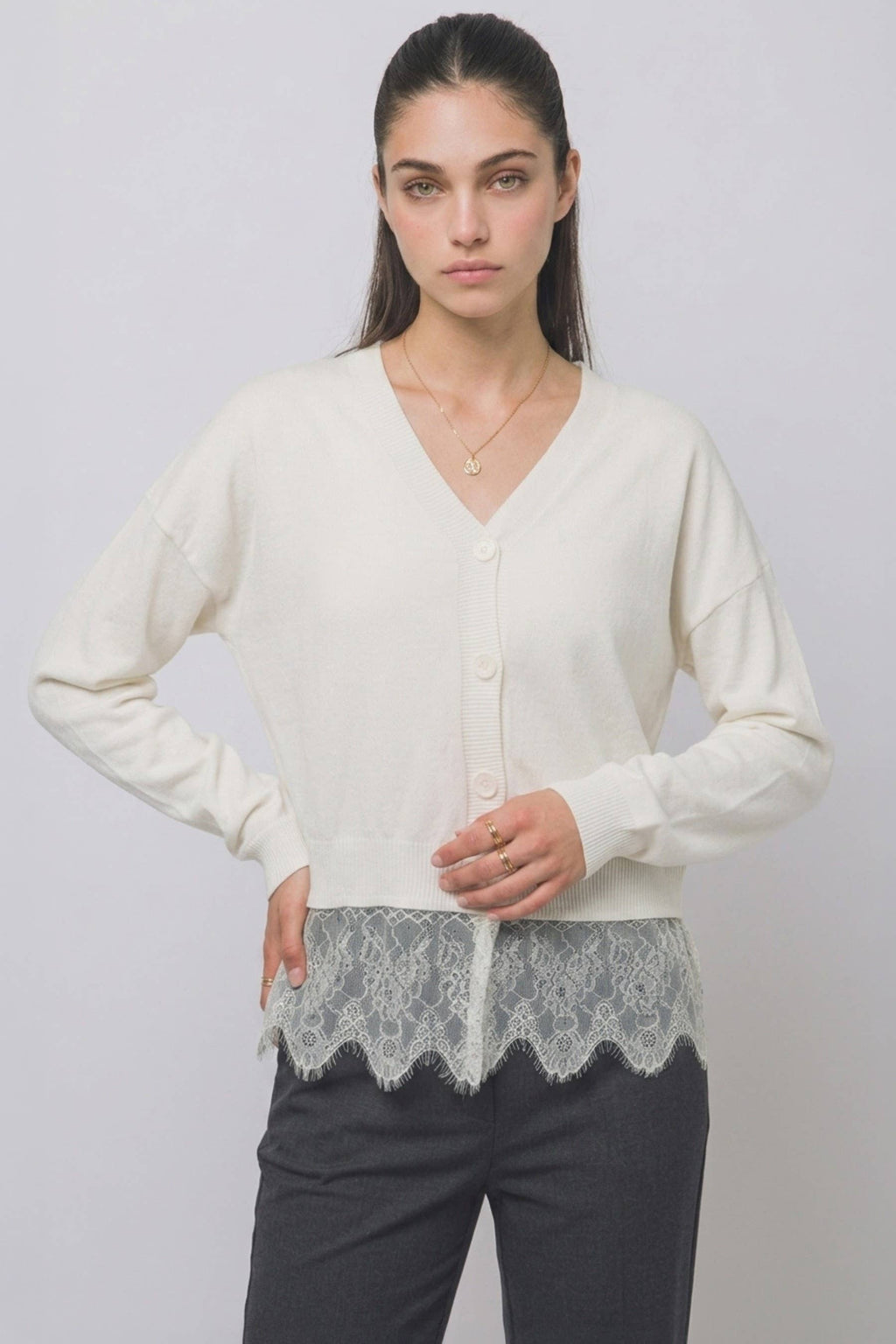 Lace-trimmed V-neck Cardigan