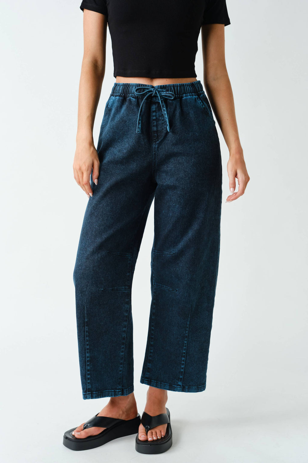 Denim Acid-Wash Drawstring Pull-On Pants