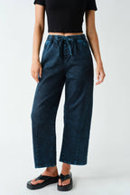 Denim Acid-Wash Drawstring Pull-On Pants