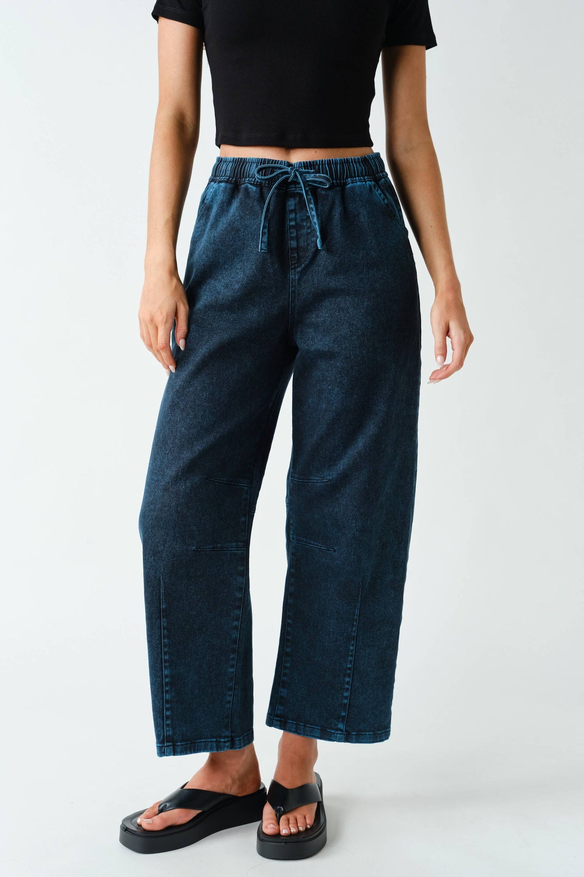 Denim Acid-Wash Drawstring Pull-On Pants