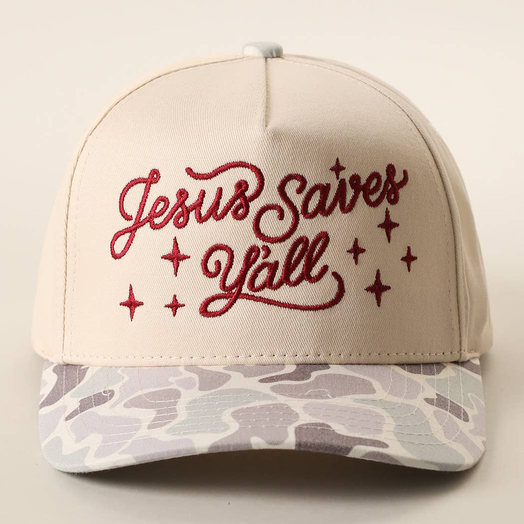 Jesus Saves Y'all Embroidered Camo Brim Trucker Hat