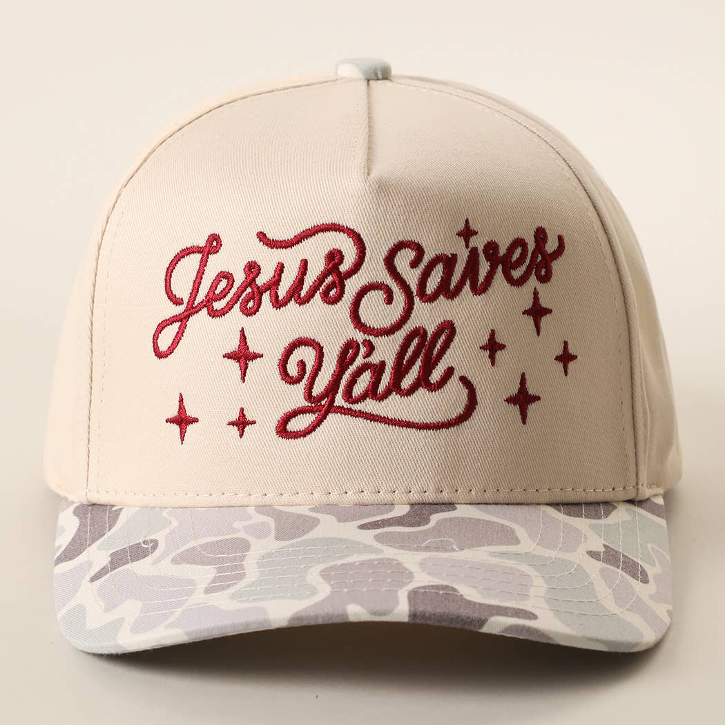 Jesus Saves Y'all Embroidered Camo Brim Trucker Hat