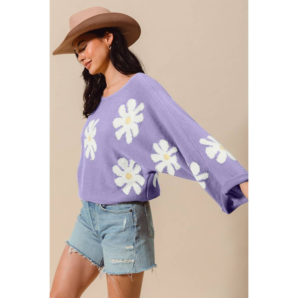 DAISY FLORAL PATTERN KNITTED SWEATER TOP