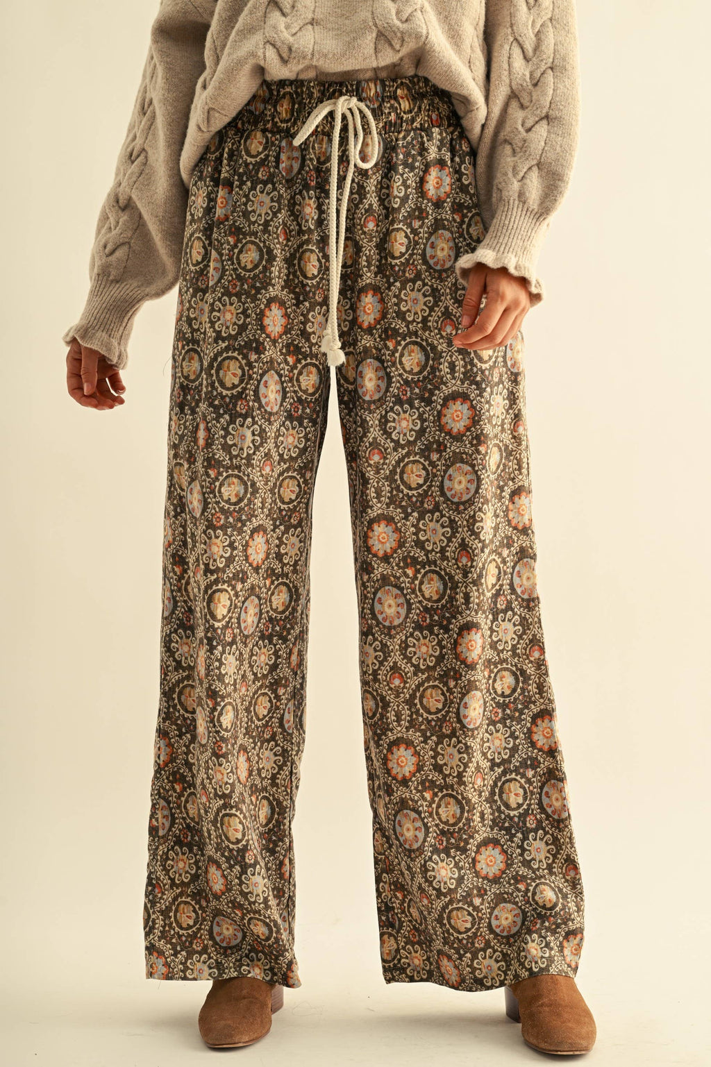 Vintage Print Linen Blend Drawstring Wide-leg Pants