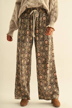 Vintage Print Linen Blend Drawstring Wide-leg Pants