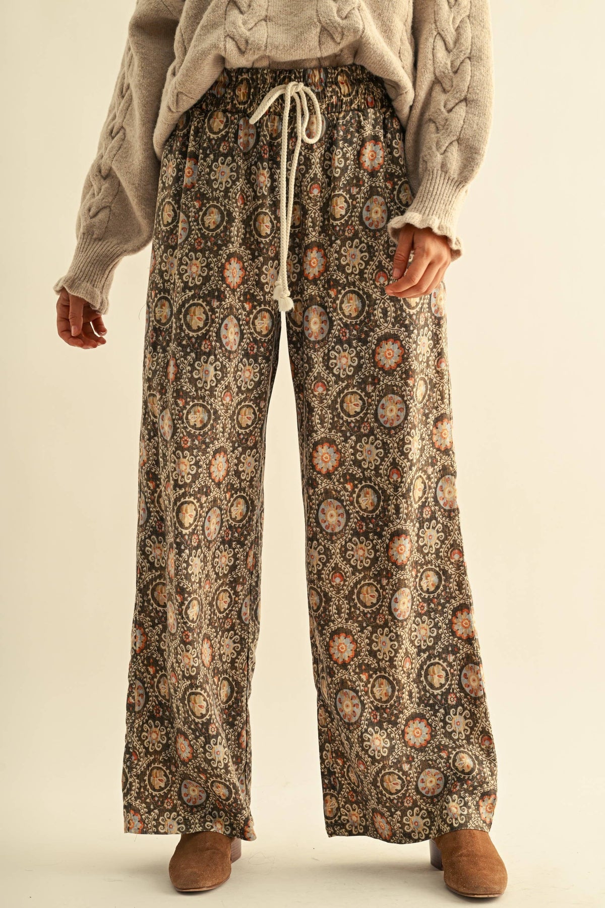 Vintage Print Linen Blend Drawstring Wide-leg Pants